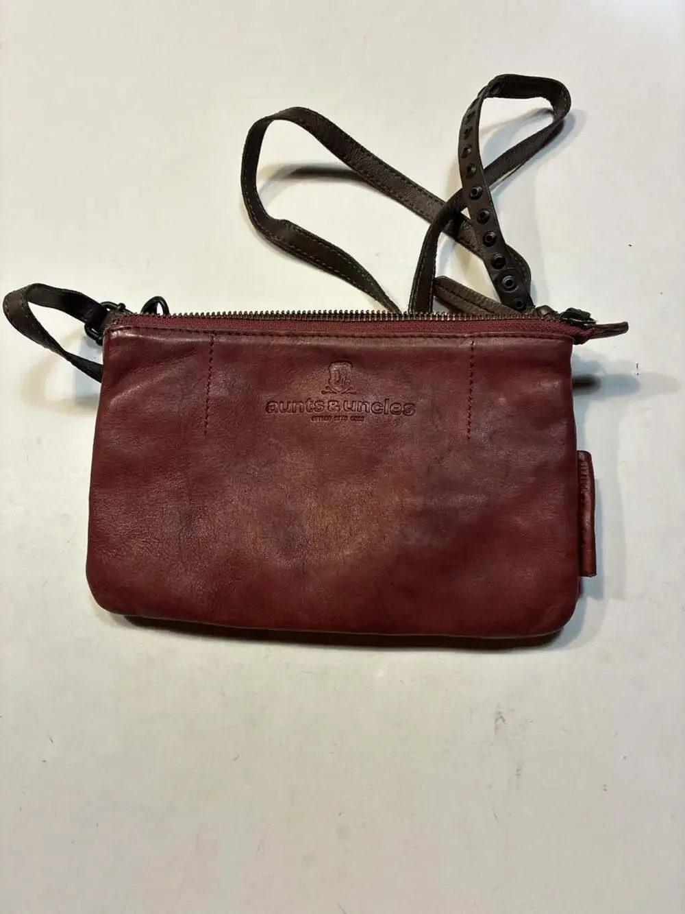 Aunts & Uncles Maroon Leather Small Crossbody Bag with Studded Strap